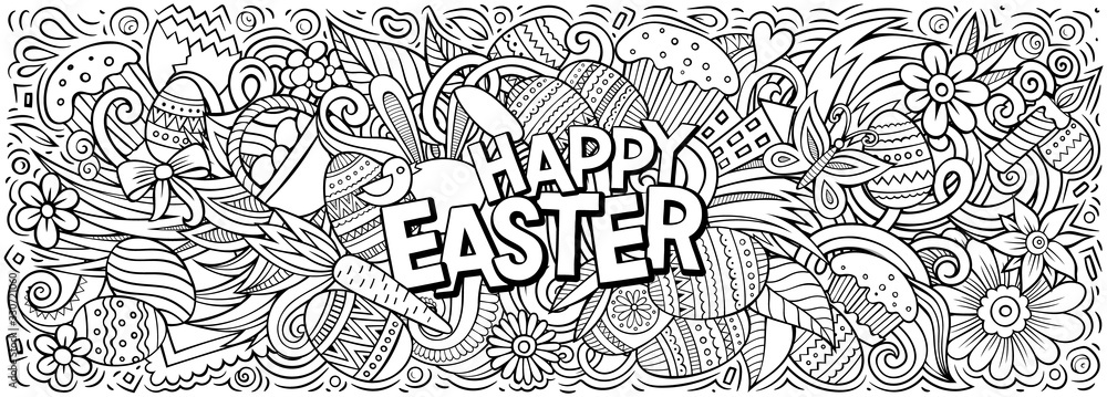 Happy Easter hand drawn cartoon doodles illustration. - obrazy, fototapety, plakaty 