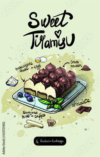 Vector illustration of tiramisu cake on a white plate with blueberries and mint. Sketching.