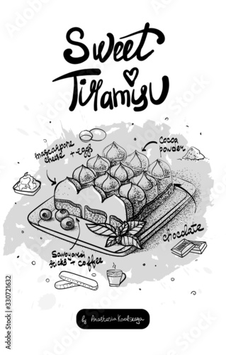 Vector illustration of tiramisu cake on a white plate with blueberries and mint. Sketching. Black.