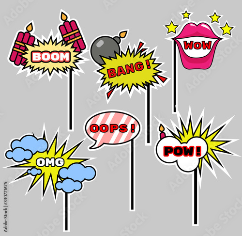 Photo booth Props speech bubbles kit. Birthday and Party Accessories Set. Can used for wedding and dates. Vector illustration