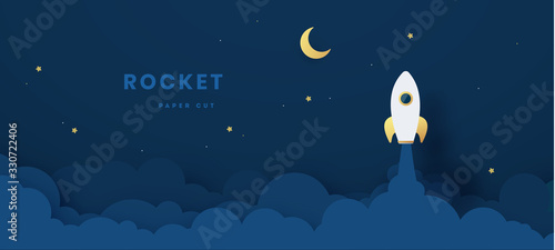 Start up business concept. rocket flying on the air,paper art and digital craft style. Vector illustration