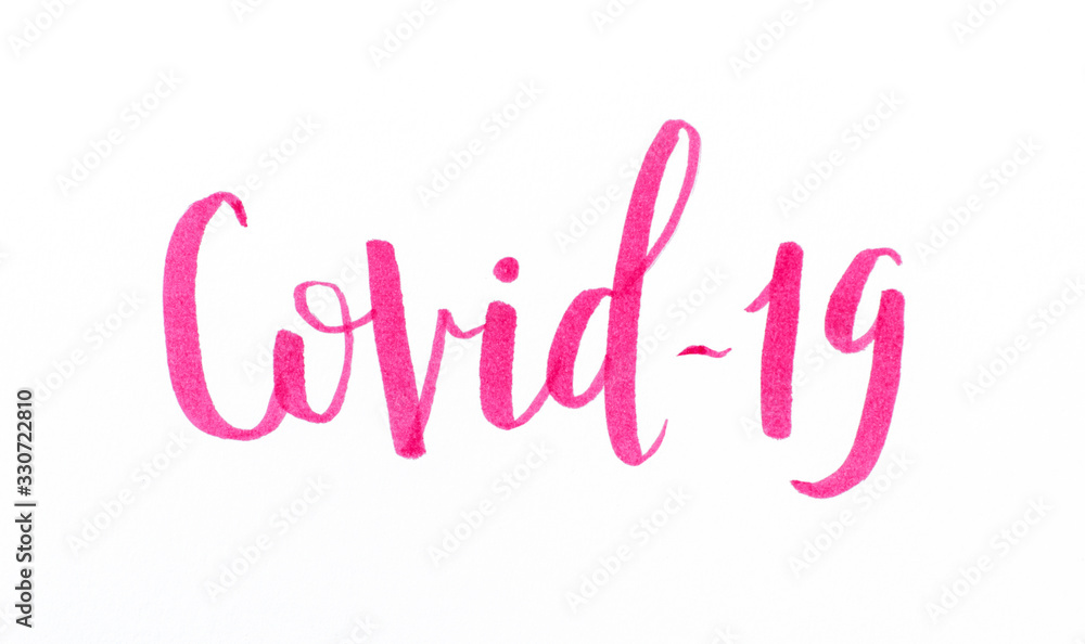 Pink inscription Covid-19 isolated on white. Handwritten lettering