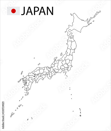 Japan map, black and white detailed outline with regions of the country. Vector illustration