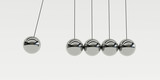 Newton's cradle on white background, metal spheres colliding movement concept 3d render illustration