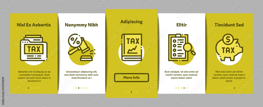 Plakat Tax System Finance Onboarding Mobile App Page Screen Vector. Tax System Building And Car, Document And Mail Notice, Abacus And Scales Color Contour Illustrations
