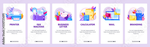 Office electronic and business accessories. Printer, fax machine, business letter. Mobile app onboarding screens. Vector banner template for website mobile development. Web site design illustration