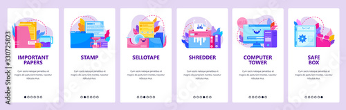 Office accessories, business documents, folder. Shredder, company stamp, safe box. Mobile app onboarding screens. Vector banner template for website mobile development. Web site design illustration