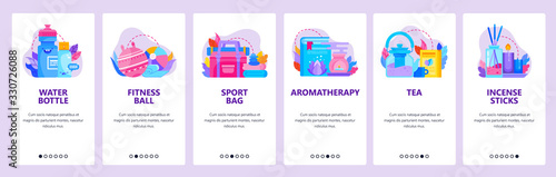 SPA and aroma salon. Healthy lifestyle, aromatheraphy, incense sticks, water bottle. Mobile app onboarding screens. Vector banner template for website mobile development. Web site design illustration