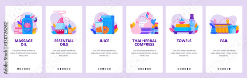 Thai spa and massage parlor icons. Essential oil, towels, herbal compress. Mobile app onboarding screens. Vector banner template for website and mobile development. Web site design illustration