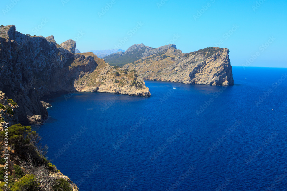 Cabo Formentor, Majorca / Spain - August 25, 2016: View and landscape from Cabo Formentor and Mirador d'es Colomer, Mallorca, Balearic Islands, Spain.