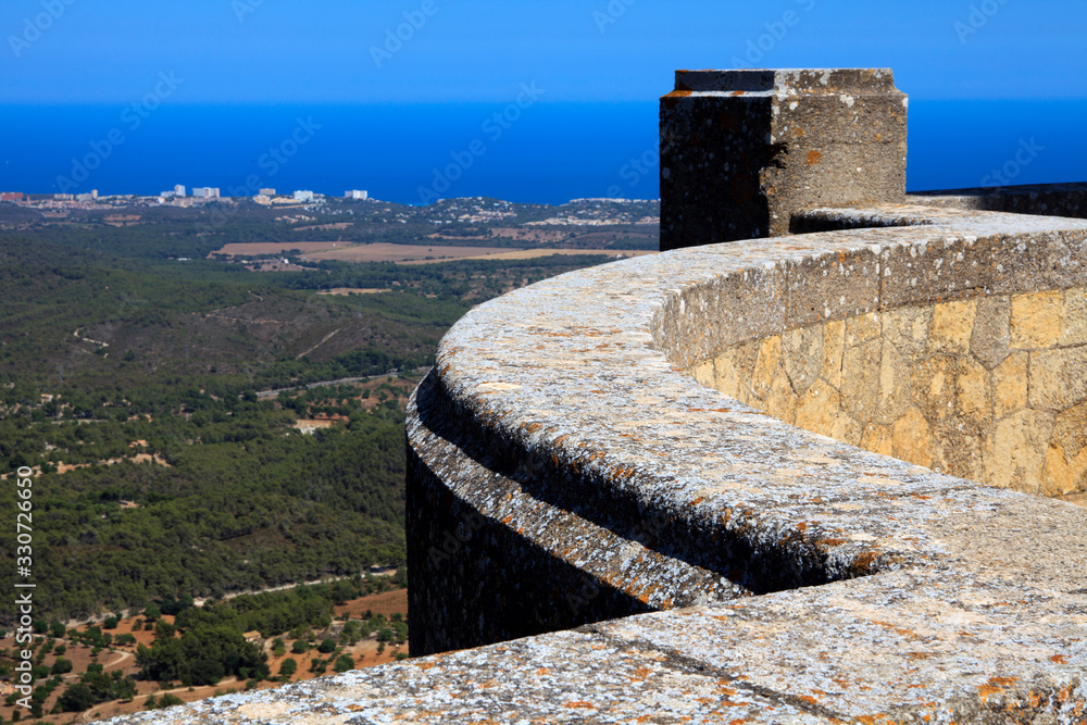 Felanitx, Majorca / Spain - August 25, 2016: View from Santuari de Sant Salvador Monastery, Santuario de San Salvador, near Felanitx, Majorca, Mallorca, Balearic Islands, Spain.