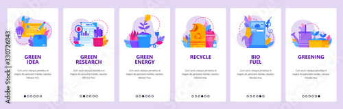 Green energy and environmental industry. Recycle waste, bio fuel, greem plants. Mobile app onboarding screens. Vector banner template for website and mobile development. Web site design illustration