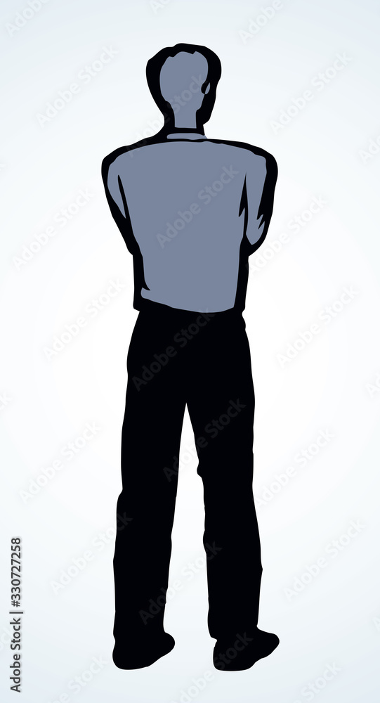 A man stands and looks into the distance. The view from the back. Vector drawing A man stands and looks into the distance. The view from the back. Vector drawing