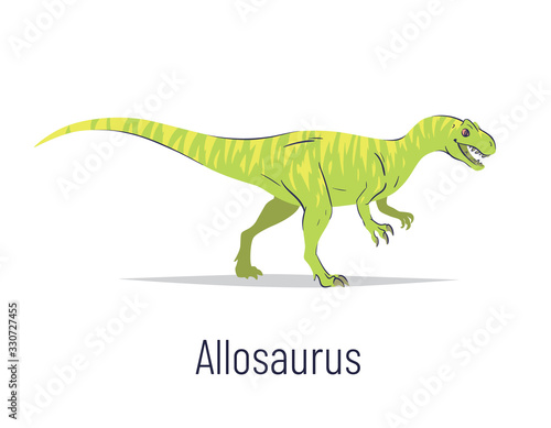 Allosaurus. Theropoda dinosaur. Colorful vector illustration of prehistoric creature allosaurus in hand drawn flat style isolated on white background. Predatory fossil dinosaur.