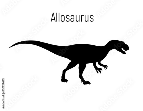 Allosaurus. Theropoda dinosaur. Monochrome vector illustration of silhouette of prehistoric creature allosaurus isolated on white background. Stencil. Fossil dinosaur.