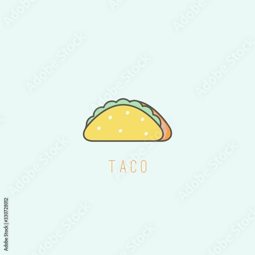 Tasty Taco. Fastfood meal. Junkfood. Minimalistic Icon. Logo template. Colored vector Illustration. Black outline. Cartoon style, simple flat design. Isolated on a blue background