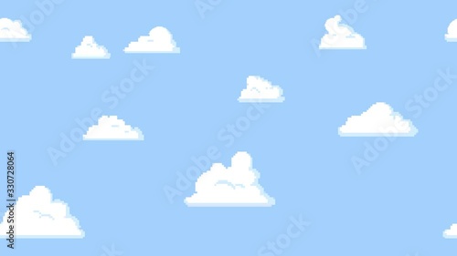 Cartoon clouds floating on the blue sky background, pixelated. Seamless looping animation.