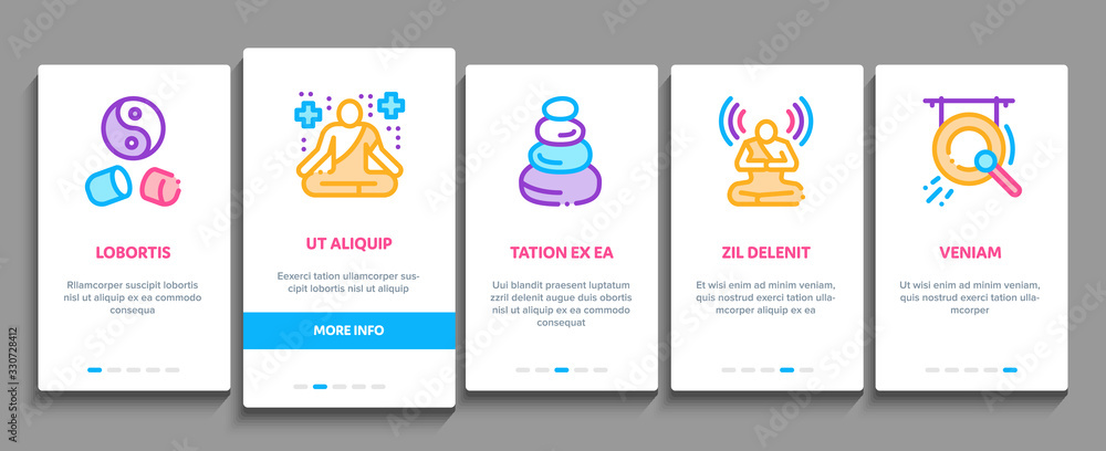 Naklejka premium Meditation Practice Onboarding Mobile App Page Screen Vector. Meditation Yoga Relaxation Aromatic Therapy, Human Concentration, Gong And Painting Color Contour Illustrations