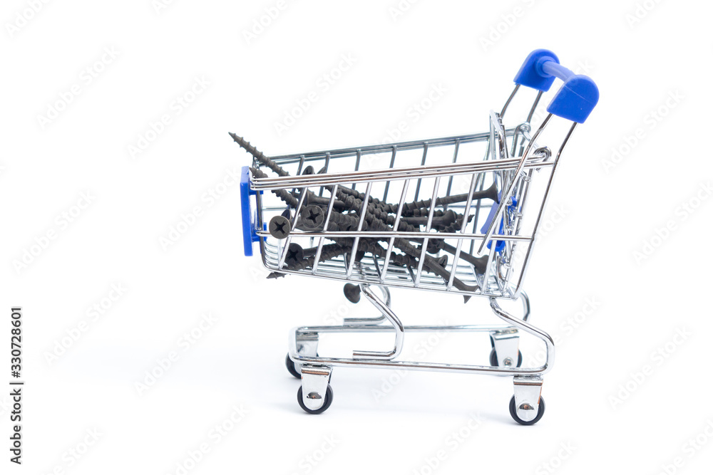 shopping cart with with dark wood screws on a white background. isolate shopping cart with with dark wood screws on a white background. isolate