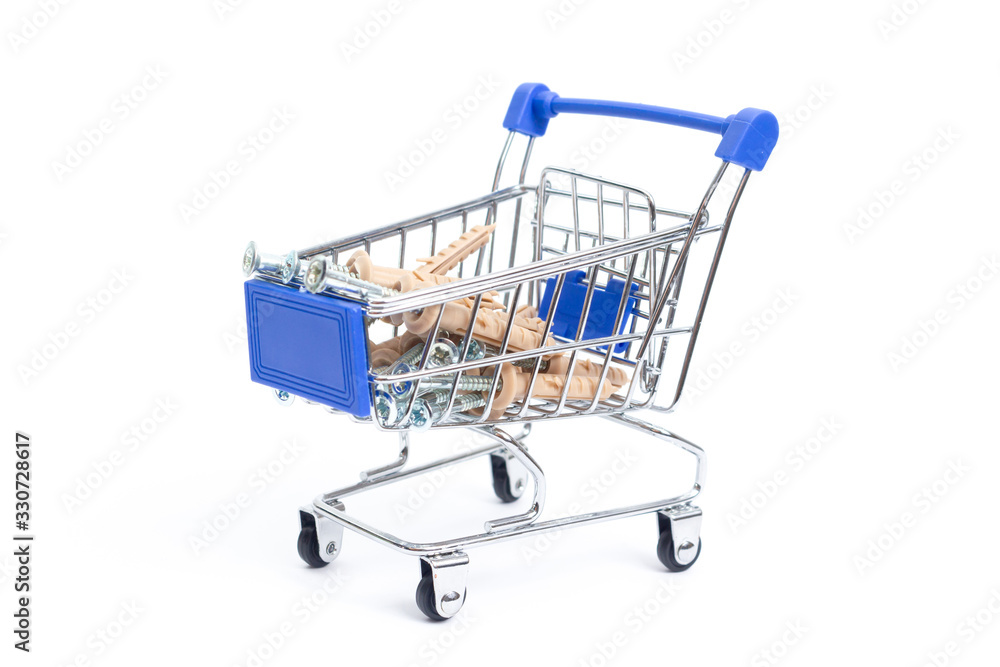 shopping cart with screws for the wall on a white background. isolate shopping cart with screws for the wall on a white background. isolate
