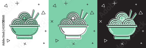 Set Asian noodles in bowl and chopsticks icon isolated on white and green, black background. Street fast food. Korean, Japanese, Chinese food. Vector Illustration