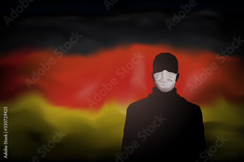 COVID-19 coronavirus epidemic in germany. Silhouette of man in medical mask on abstract german flag background. Global COVID-19 coronavirus pandemic, pneumonia. Banner design concept. Vector