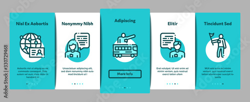Guide Lead Traveler Onboarding Mobile App Page Screen Vector. Bus And Media Player Guide, Badge And Loudspeaker, Speak And Show Landmark Tourism Color Contour Illustrations