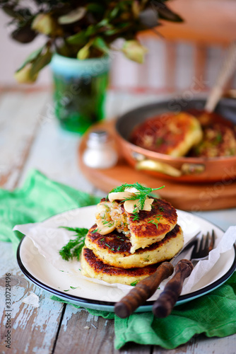 vegan potato pancakes with mushrooms..style rustic
