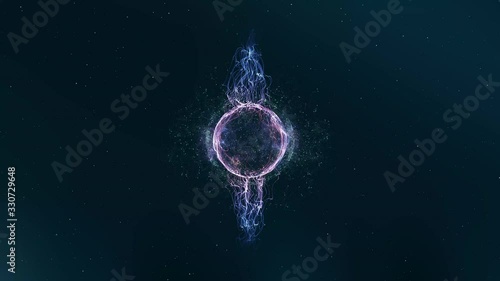 Futuristic orb with energy flow. Round sphere with particles flowing as concept of network data, information and digital communication.