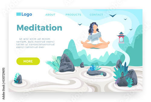 Girl meditating in lotus pose and hovering above japanese rock garden. Yoga, life balance, relaxation, mindfulness. Vector web site design template. Landing page website concept illustration.