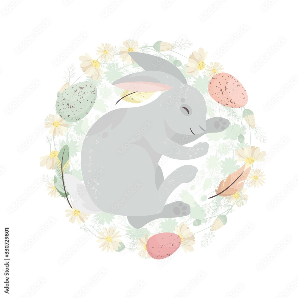 Happy Easter. Cute bunny with eggs in wreath. Easter holiday concept. Vector illustration.