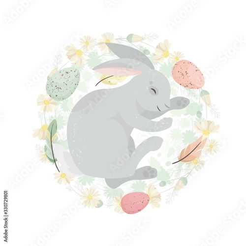 Happy Easter. Cute bunny with eggs in wreath. Easter holiday concept. Vector illustration.