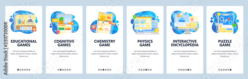 Science and smart mobile games. Chemistry experiment, physics test, puzzle game. App onboarding screens. Menu vector banner template for website and mobile development. Web site design illustration