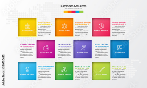 Business infographics template 9 steps with square,Element for design invitations,Vector illustration.