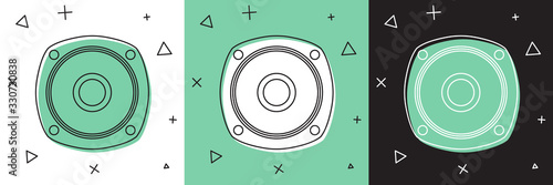 Set Stereo speaker icon isolated on white and green, black background. Sound system speakers. Music icon. Musical column speaker bass equipment. Vector Illustration