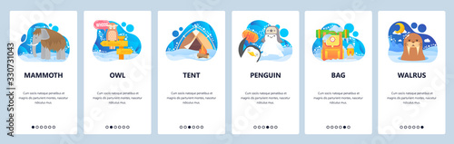 Arctic and Antarctic animals, mammonth, penguin, walrus. North adventure outdoor travel. Mobile app screens. Vector banner template for website and mobile development. Web site design illustration