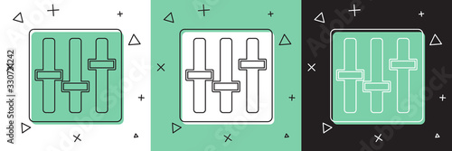 Set Sound mixer controller icon isolated on white and green, black background. Dj equipment slider buttons. Mixing console. Vector Illustration