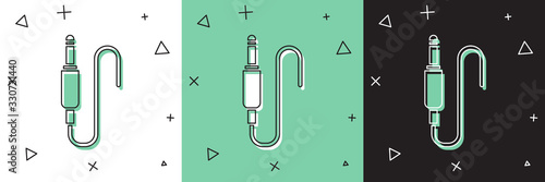 Set Audio jack icon isolated on white and green, black background. Audio cable for connection sound equipment. Plug wire. Musical instrument. Vector Illustration