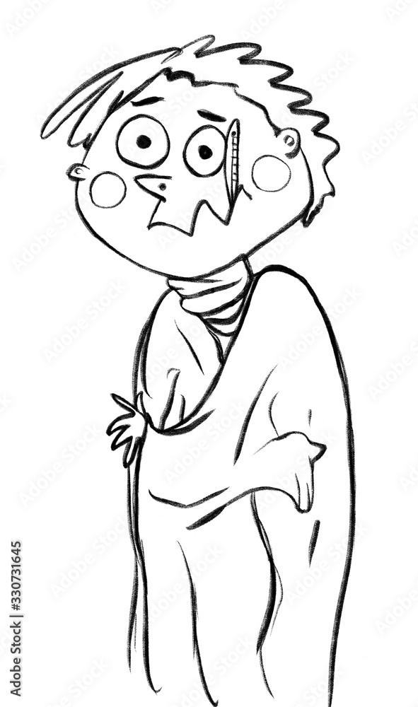 Hand drawn black and white cartoon illustration of a sick man wrapped in a plaid with red nose and eyes and other fever symptoms, holding a thermometer in his mouth . Isolated on a white background. Hand drawn black and white cartoon illustration of a sick man wrapped in a plaid with red nose and eyes and other fever symptoms, holding a thermometer in his mouth . Isolated on a white background.