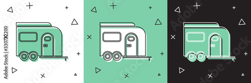 Set Rv Camping trailer icon isolated on white and green, black background. Travel mobile home, caravan, home camper for travel. Vector Illustration