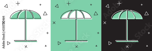 Set Sun protective umbrella for beach icon isolated on white and green, black background. Large parasol for outdoor space. Beach umbrella. Vector Illustration