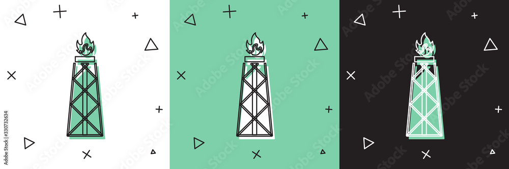 Set Oil rig with fire icon isolated on white and green, black ...