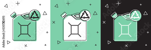 Set Eco fuel canister icon isolated on white and green, black background. Eco bio and barrel. Green environment and recycle. Vector Illustration