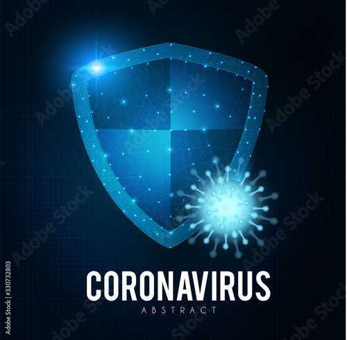 Coronavirus COVID-2019 on blue background. Virus 2019-nCoV cells. Heath security design with shining shield.