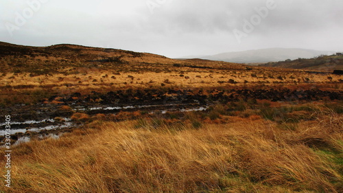 boggy filds in the mountains  turf staks  Connemara  Galway  Ireland