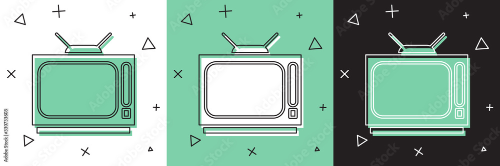 Set Retro tv icon isolated on white and green, black background ...