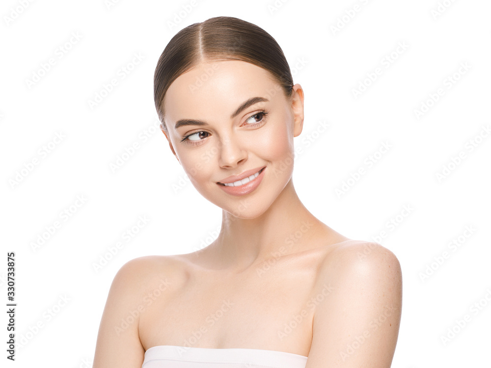 Beauty woman face with brown eyes looking aside, isolated on white background. Skin care treatment or cosmetic ads concept. Beautiful female model with perfect fresh and clean skin Beauty woman face with brown eyes looking aside, isolated on white background. Skin care treatment or cosmetic ads concept. Beautiful female model with perfect fresh and clean skin