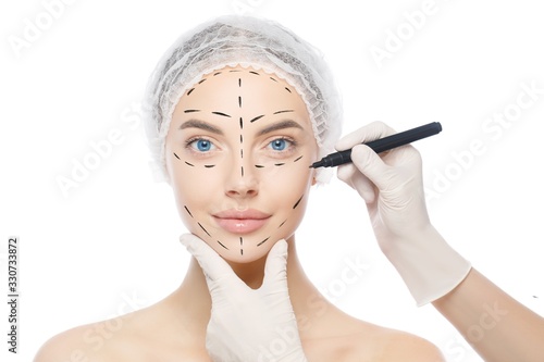 Tableau sur toile Plastic surgery or face lifting for young woman