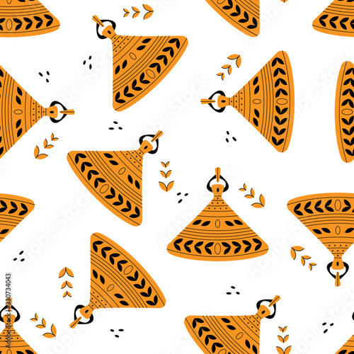 Seamless pattern with traditional hat. Background and icons line style of African culture.