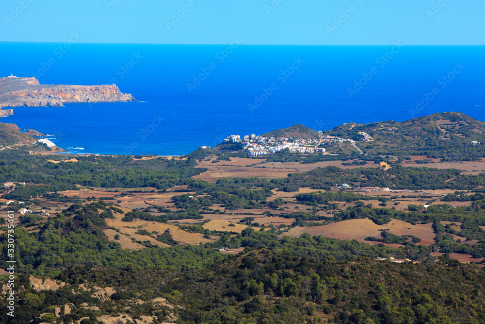 El Toro, Menorca / Spain - June 25, 2016: Panoramic view from summit of Mount Toro (El Toro), Es Mercadal, Menorca, Balearic Islands, Spain